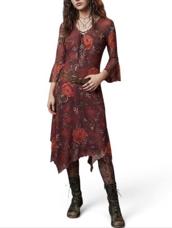 Expressions Dresses & Skirts - 90s Expressions Burgundy Floral Lace-Up Asymmetrical Dress S